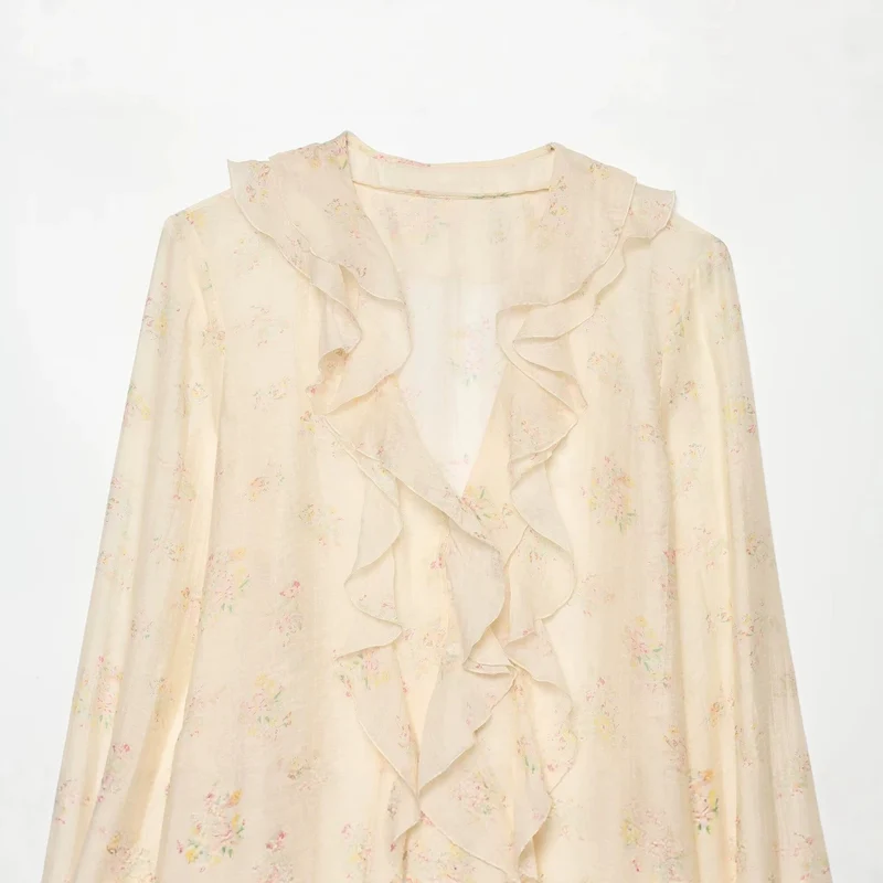 Damen Leichte Chiffonbluse mit Volantkragen, tiefem V-Ausschnitt und gerafften Trompetenärmeln Drune