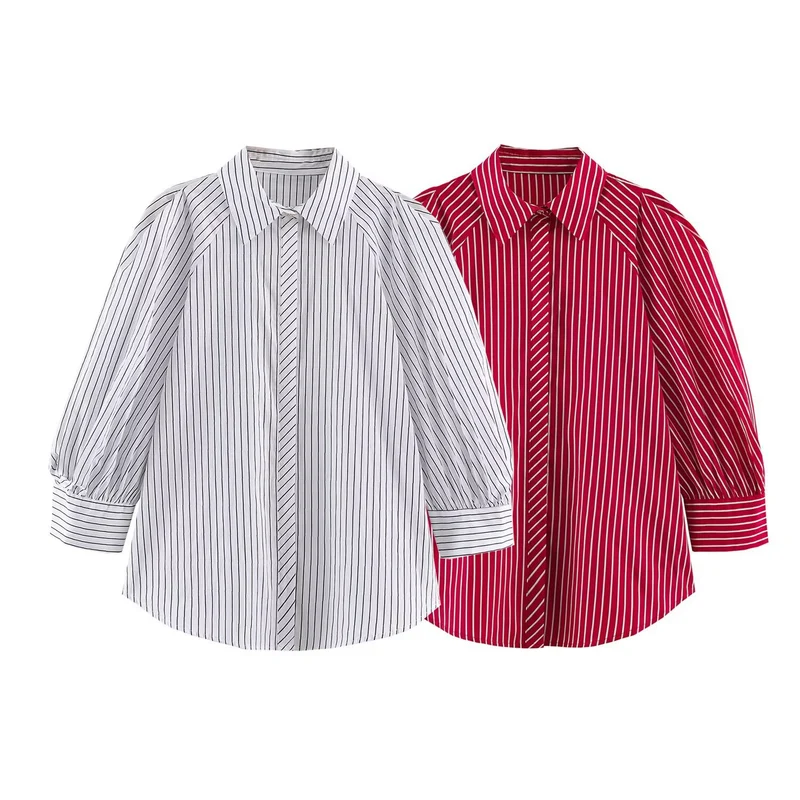 Damen Längsgestreifte Oversize-Hemdbluse mit betonten Puffärmeln Drune