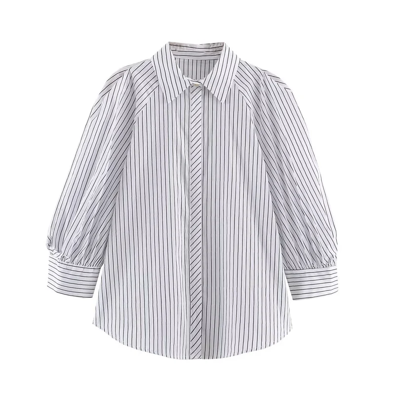 Damen Längsgestreifte Oversize-Hemdbluse mit betonten Puffärmeln Drune
