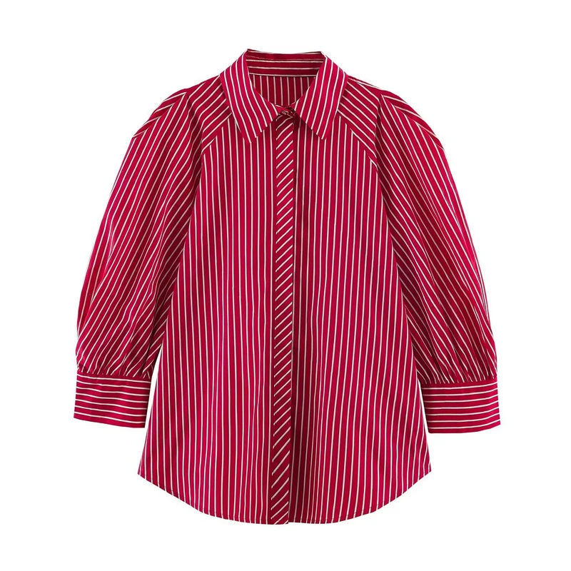 Damen Längsgestreifte Oversize-Hemdbluse mit betonten Puffärmeln Drune