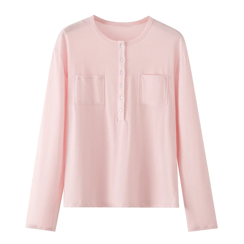 Damen Langarm-Henleyshirt mit Knopfleiste und aufgesetzten Brusttaschen Drune