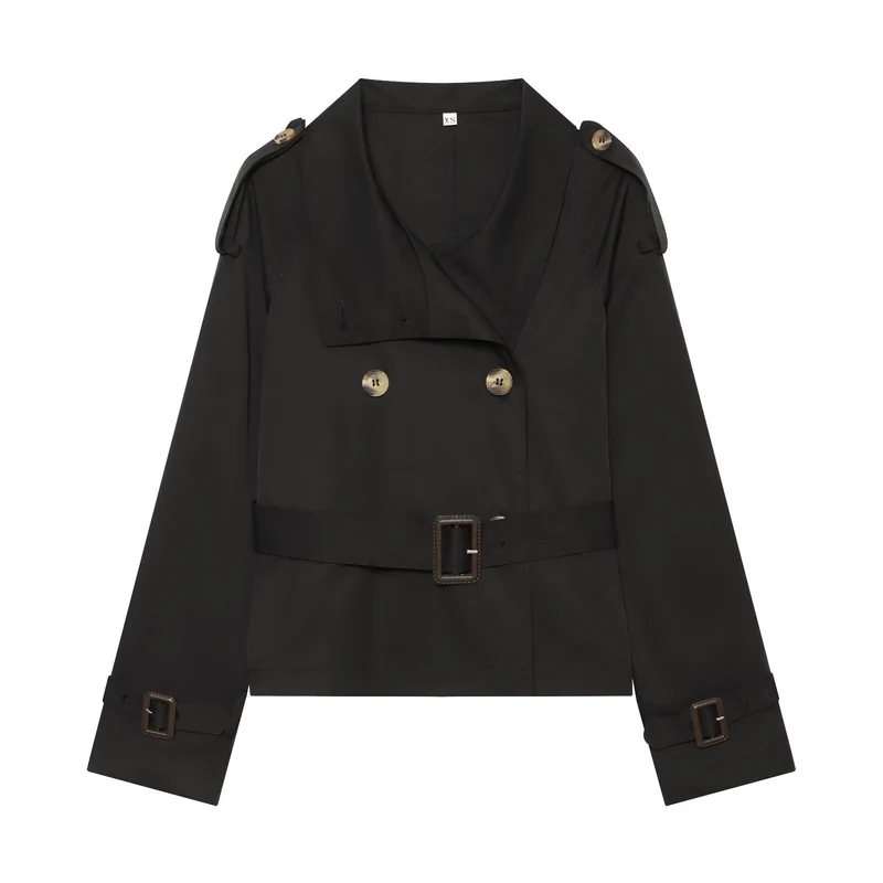 Damen Kurztrench im Boxy‑Stil mit doppelreihigem Verschluss, Schnallenärmeln und Taillengürtel Drune