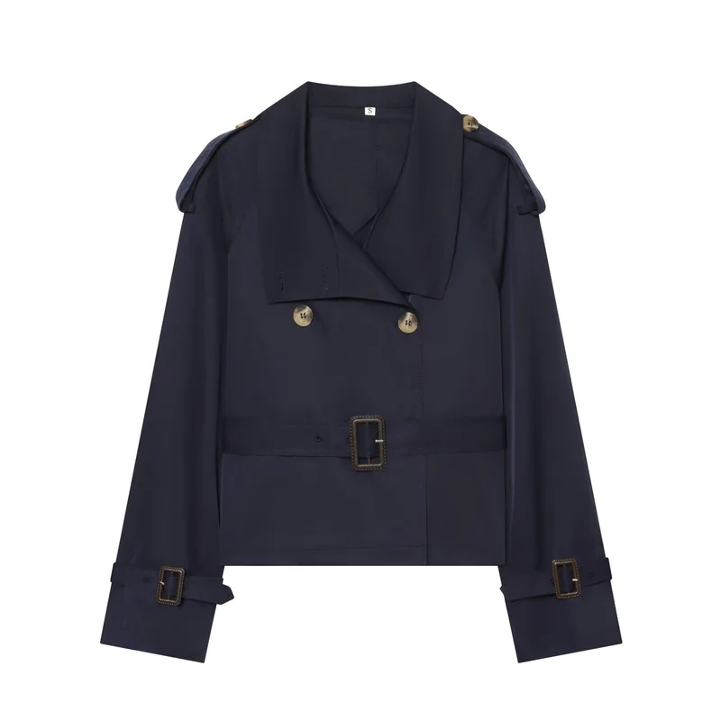 Damen Kurztrench im Boxy‑Stil mit doppelreihigem Verschluss, Schnallenärmeln und Taillengürtel Drune