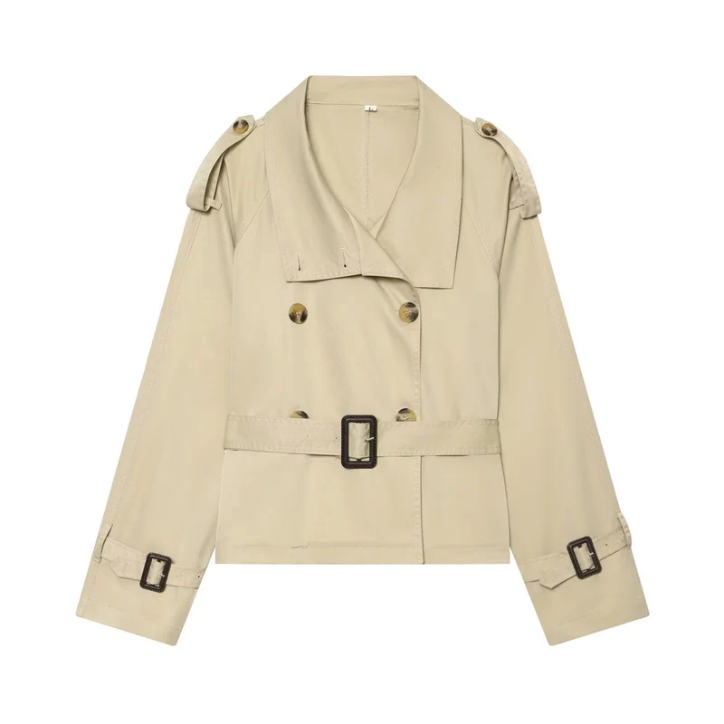Damen Kurztrench im Boxy‑Stil mit doppelreihigem Verschluss, Schnallenärmeln und Taillengürtel Drune