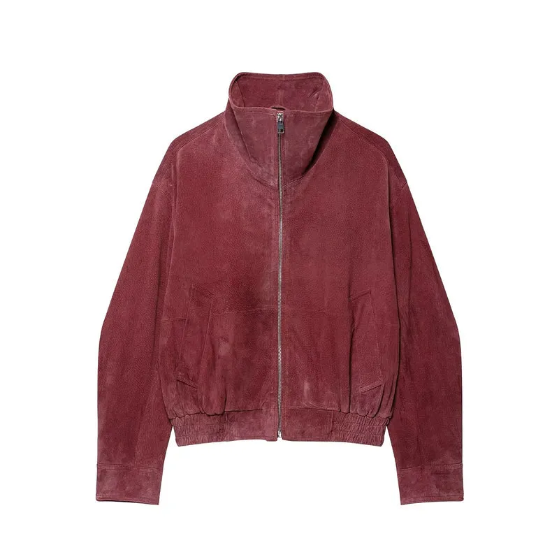 Damen Kurzschnitt Veloursleder-Bomber mit hohem Stehkragen und elastischem Saum Drune