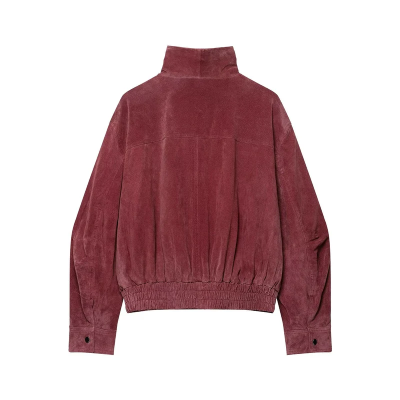Damen Kurzschnitt Veloursleder-Bomber mit hohem Stehkragen und elastischem Saum Drune