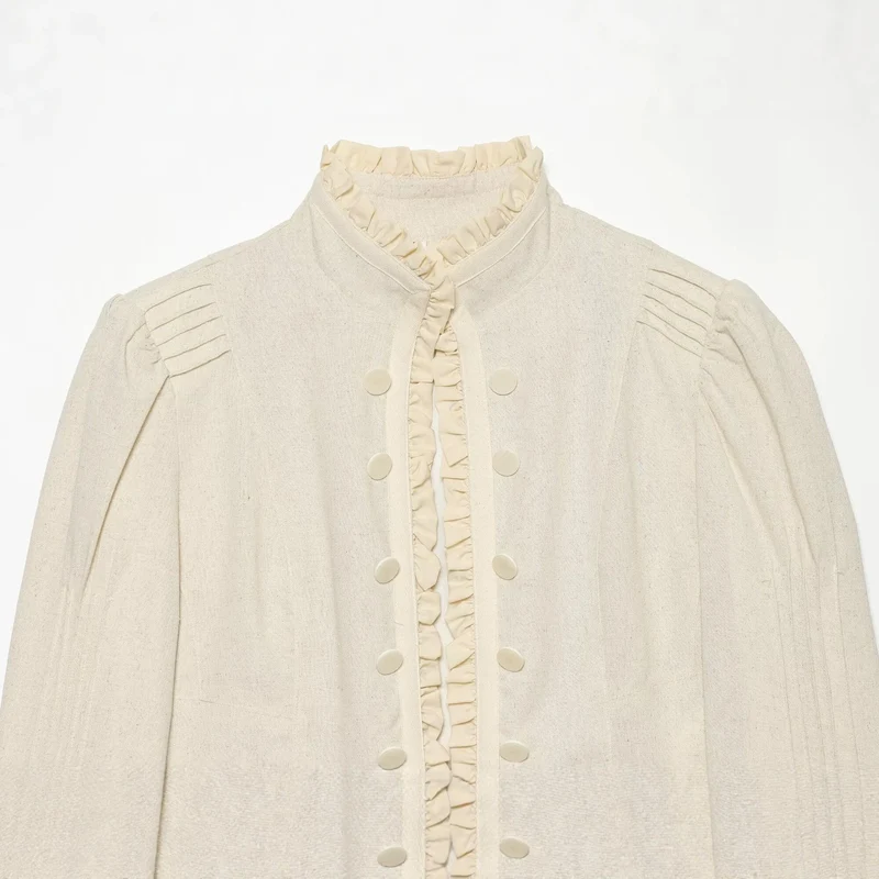 Damen Kurzjacke mit Rüschenkragen und dekorativer Doppelknopfleiste Drune