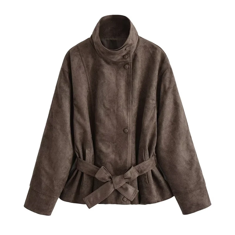 Damen Kurzjacke in Wildleder-Optik mit Stehkragen und Bindegürtel Drune