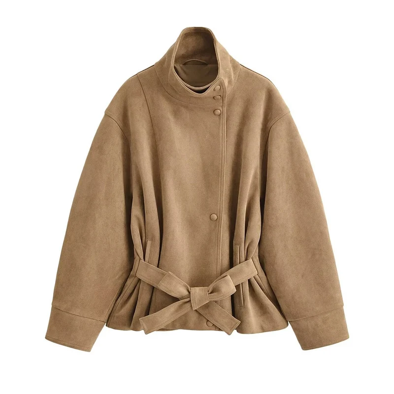 Damen Kurzjacke in Wildleder-Optik mit Stehkragen und Bindegürtel Drune