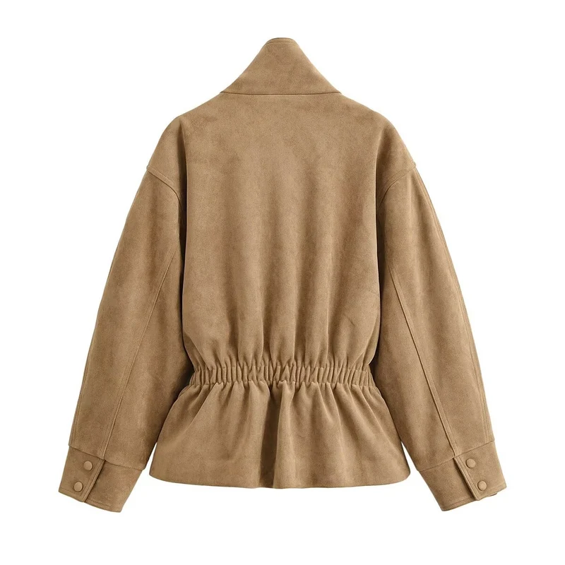 Damen Kurzjacke in Wildleder-Optik mit Stehkragen und Bindegürtel Drune