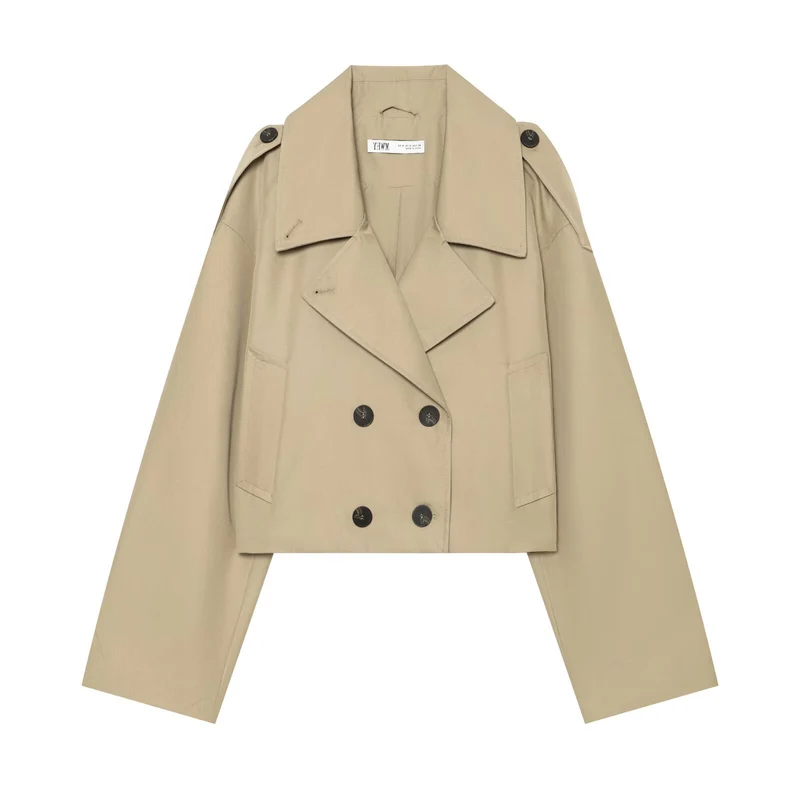 Damen Kurzjacke im Trenchstil mit Boxy-Schnitt, Doppelreihe und Schulterklappen Drune