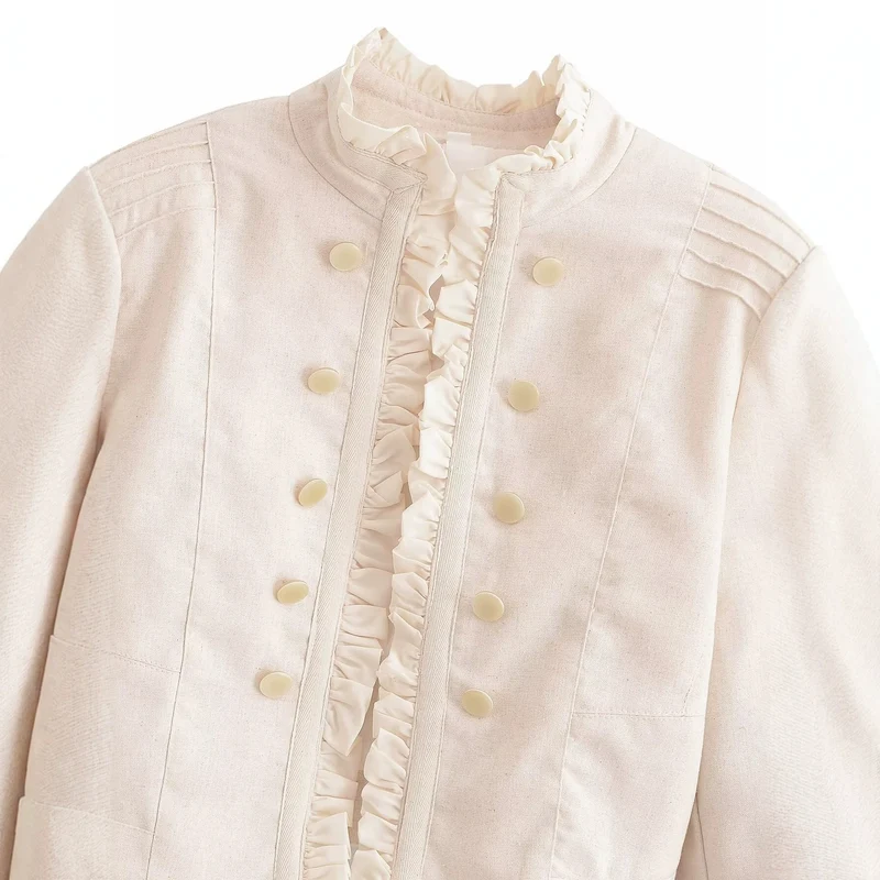 Damen Kurzjacke im militärischen Stil mit Rüschenfront und Stehkragen Drune