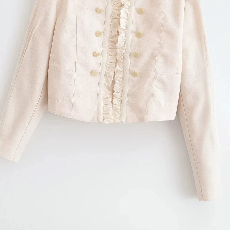 Damen Kurzjacke im militärischen Stil mit Rüschenfront und Stehkragen Drune