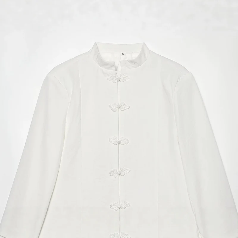 Damen Kurzjacke im Mandarin-Stil mit chinesischen Knotenverschlüssen und geradem Schnitt Drune
