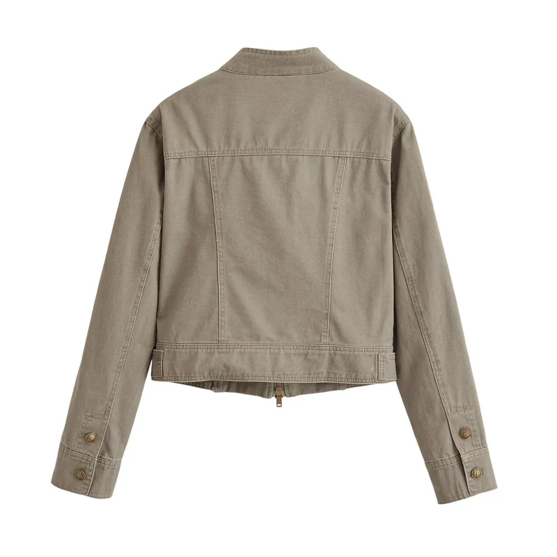 Damen Kurzjacke im Army‑Look aus Baumwoll‑Twill mit Stehkragen und dekorativen Zierriegeln Drune