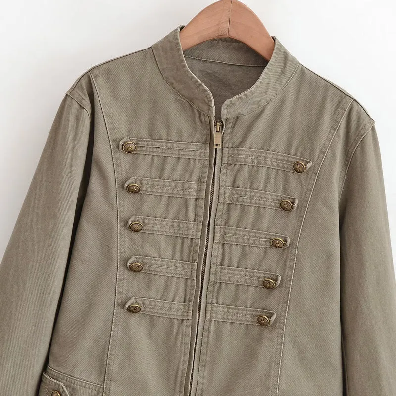 Damen Kurzjacke im Army‑Look aus Baumwoll‑Twill mit Stehkragen und dekorativen Zierriegeln Drune