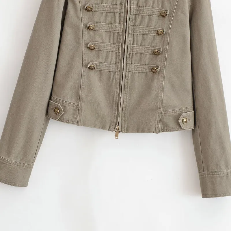 Damen Kurzjacke im Army‑Look aus Baumwoll‑Twill mit Stehkragen und dekorativen Zierriegeln Drune