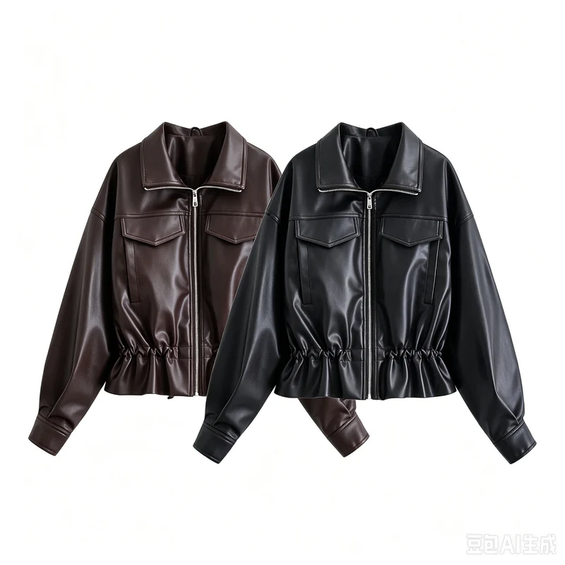 Damen Kurzjacke aus veganem Leder mit Tunnelzug und aufgesetzten Brusttaschen Drune