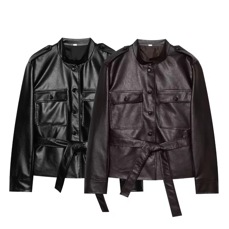 Damen Kurzjacke aus Kunstleder mit Taillengürtel, Pattentaschen und Stehkragen Drune