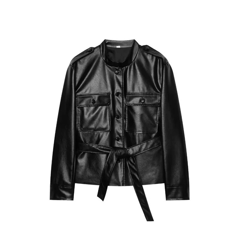 Damen Kurzjacke aus Kunstleder mit Taillengürtel, Pattentaschen und Stehkragen Drune