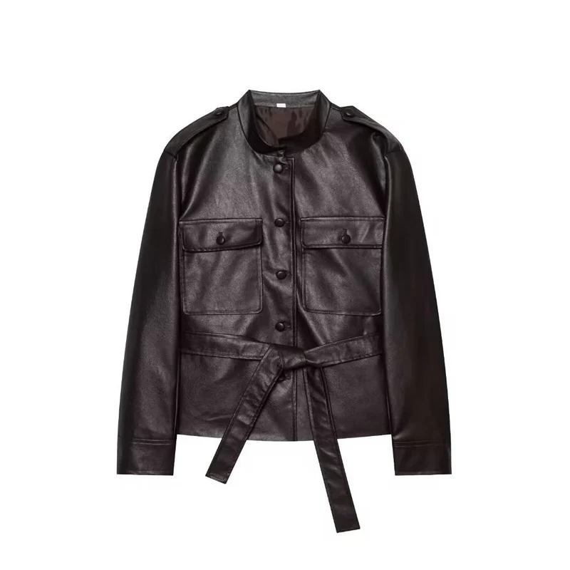 Damen Kurzjacke aus Kunstleder mit Taillengürtel, Pattentaschen und Stehkragen Drune