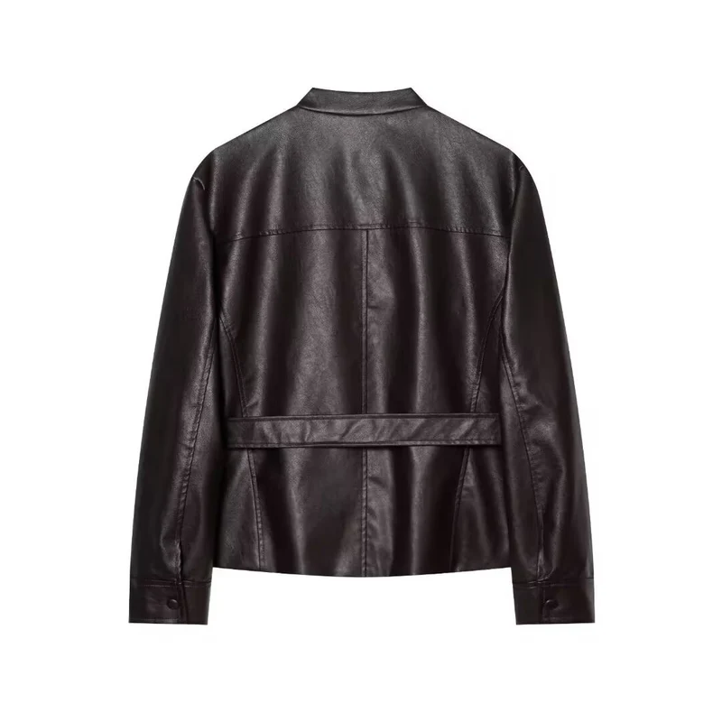 Damen Kurzjacke aus Kunstleder mit Taillengürtel, Pattentaschen und Stehkragen Drune