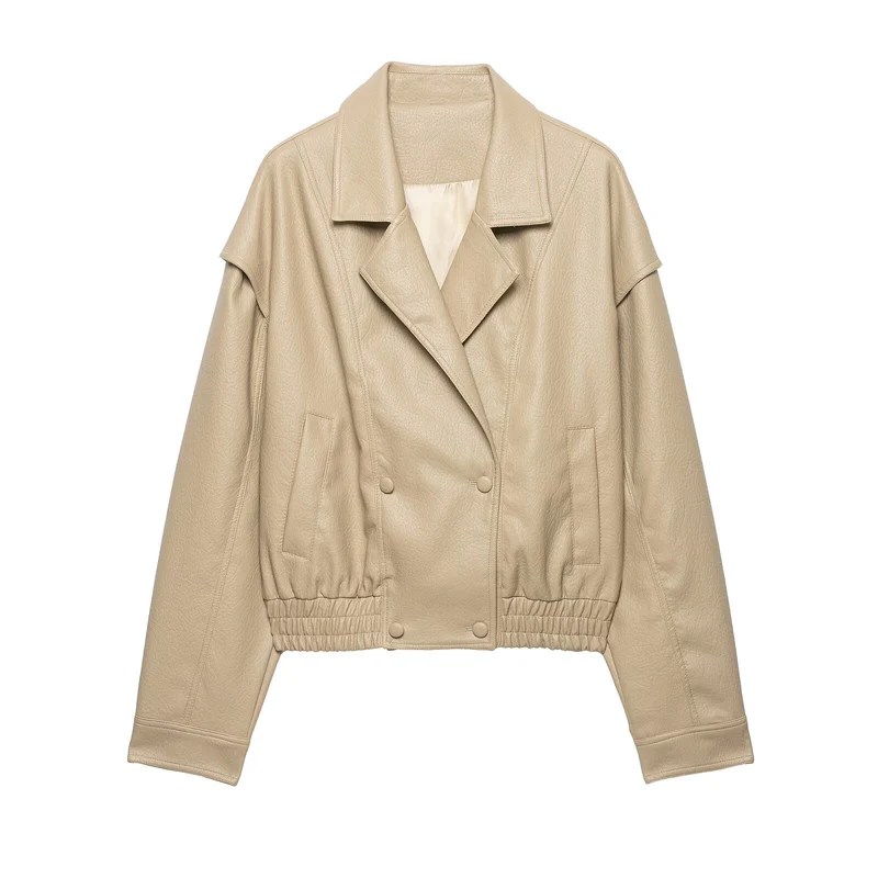 Damen Kurzjacke aus Kunstleder mit breitem Revers und gerafftem Saum Drune