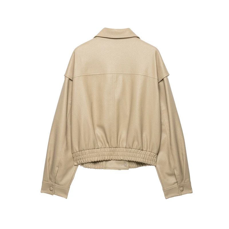 Damen Kurzjacke aus Kunstleder mit breitem Revers und gerafftem Saum Drune