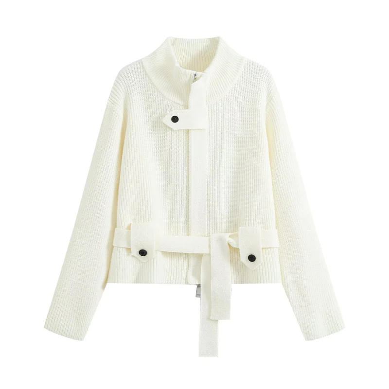 Damen Kurzgestrickte Taillierte Strickjacke mit Stehkragen und Taillengurt Drune