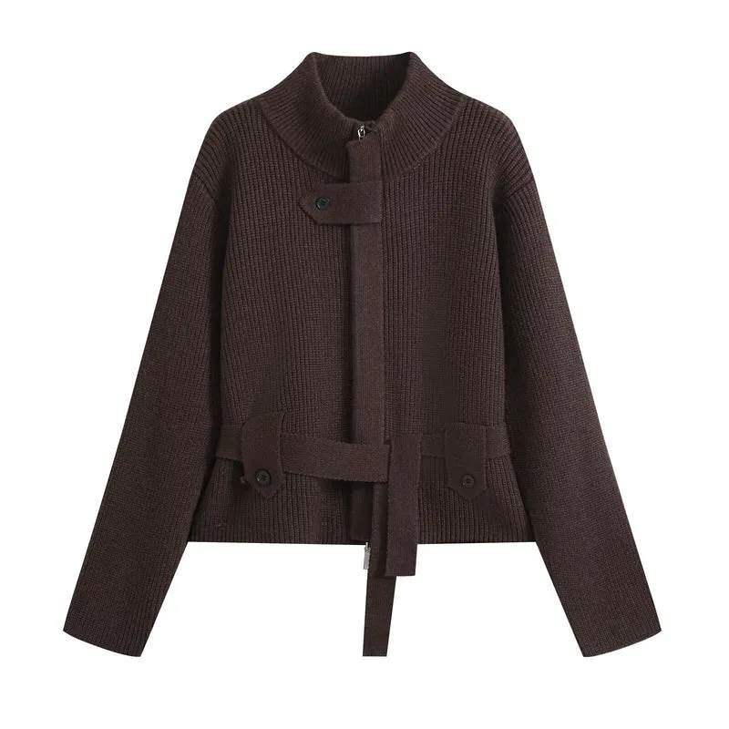 Damen Kurzgestrickte Taillierte Strickjacke mit Stehkragen und Taillengurt Drune