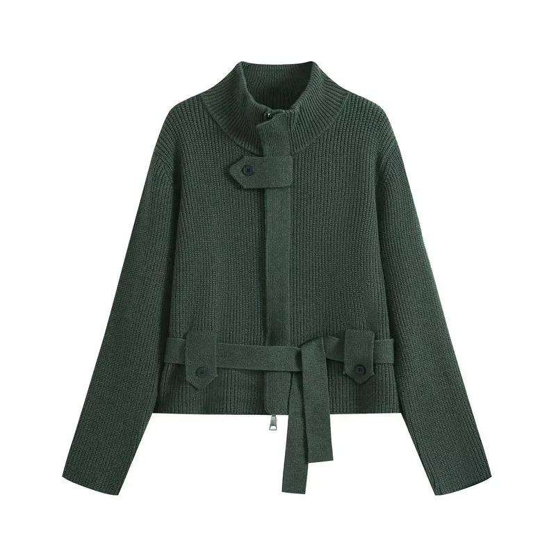 Damen Kurzgestrickte Taillierte Strickjacke mit Stehkragen und Taillengurt Drune