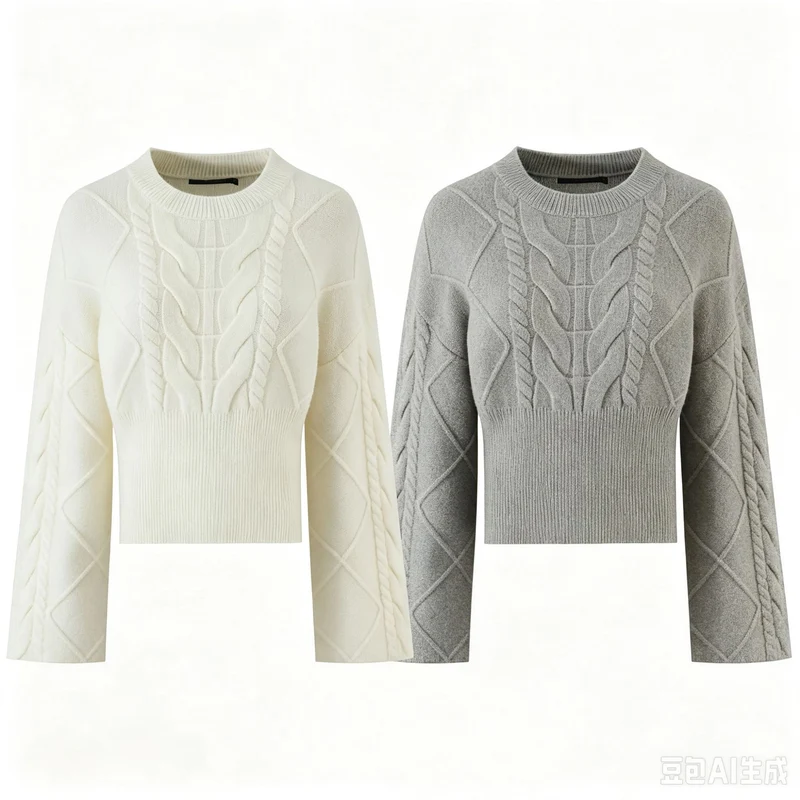Damen Kurzgeschnittener Zopfstrick-Pullover mit weitem Ärmel und geripptem Saum Drune