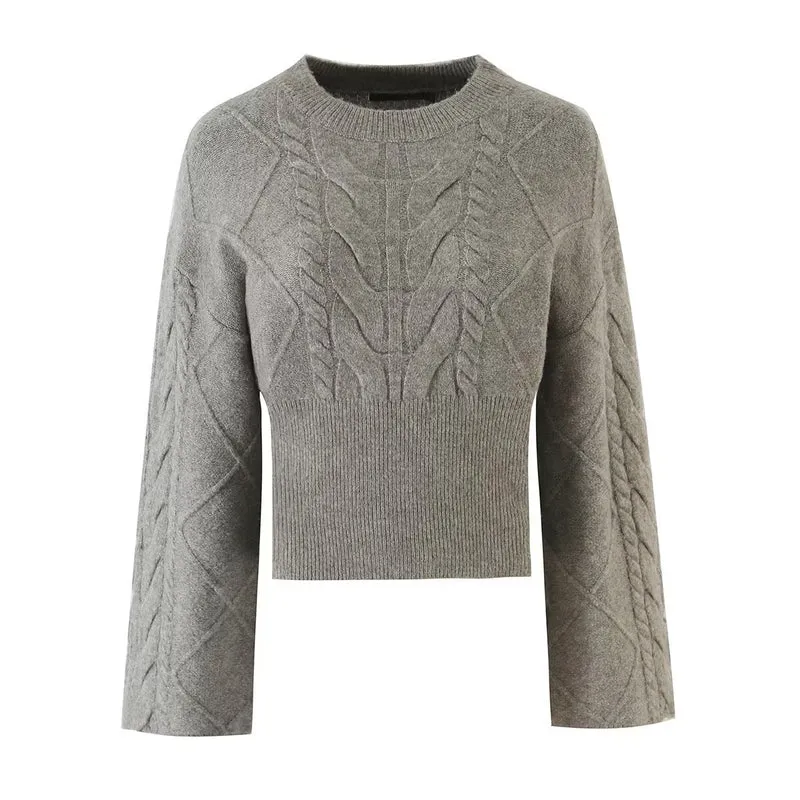 Damen Kurzgeschnittener Zopfstrick-Pullover mit weitem Ärmel und geripptem Saum Drune