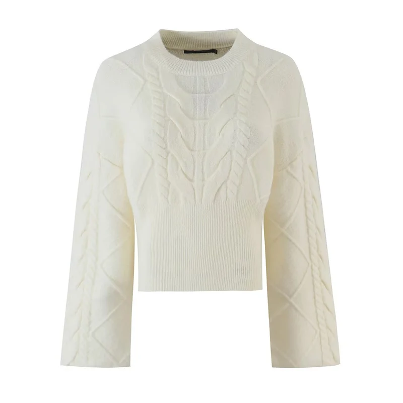 Damen Kurzgeschnittener Zopfstrick-Pullover mit weitem Ärmel und geripptem Saum Drune