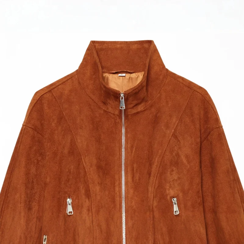Damen Kurzgeschnittener Wildleder-Blouson mit Stehkragen und Reißverschluss Drune