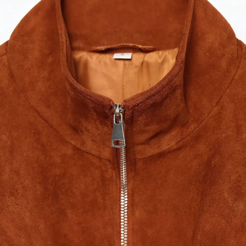 Damen Kurzgeschnittener Wildleder-Blouson mit Stehkragen und Reißverschluss Drune