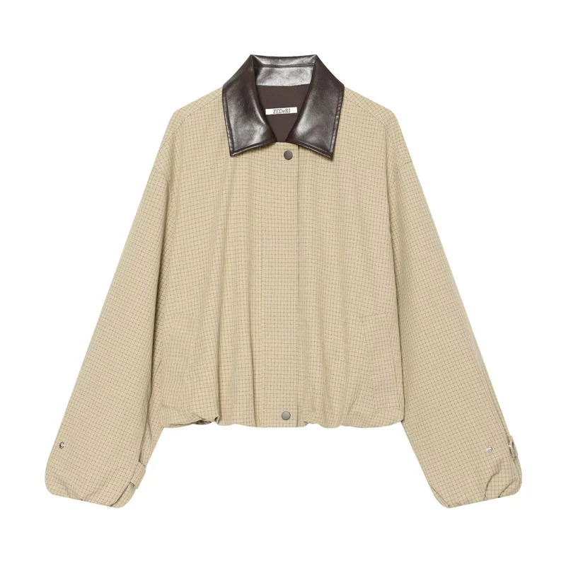 Damen Kurzgeschnittener Karierter Blouson mit kontrastierendem Lederkragen Drune