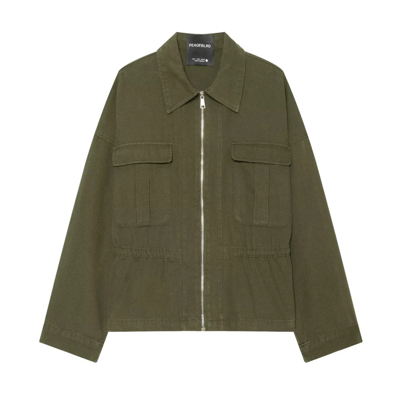 Damen Kurzgeschnittene Utility-Blousonjacke mit Stehkragen Pattentaschen und durchgehendem Reißverschluss Drune