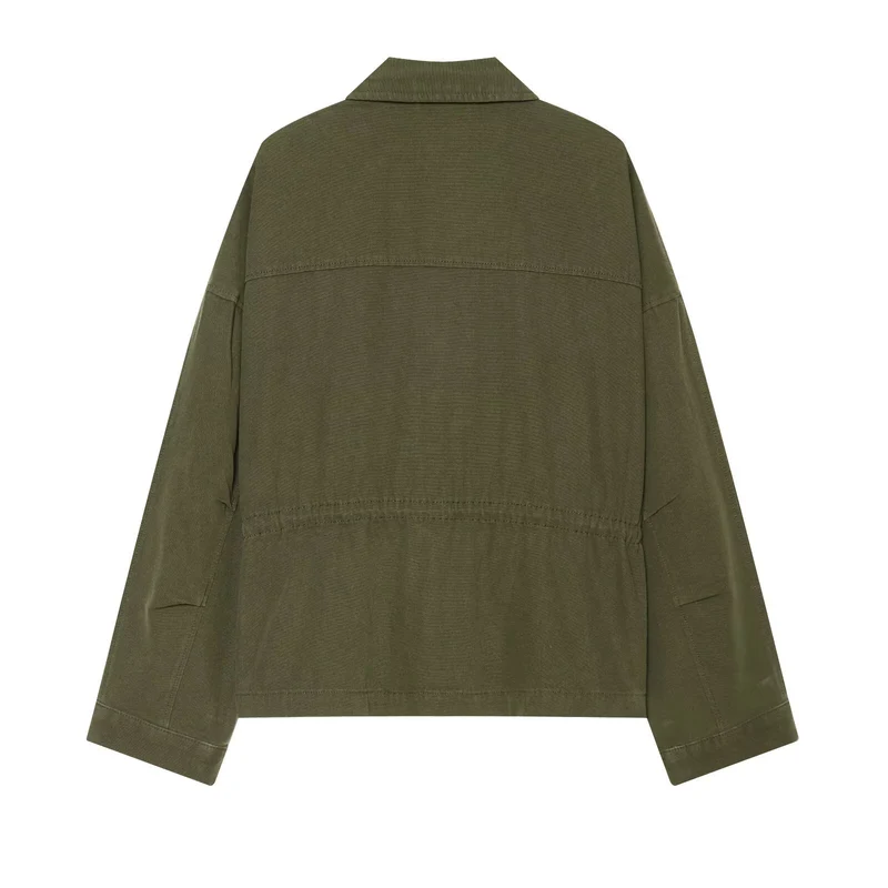 Damen Kurzgeschnittene Utility-Blousonjacke mit Stehkragen Pattentaschen und durchgehendem Reißverschluss Drune