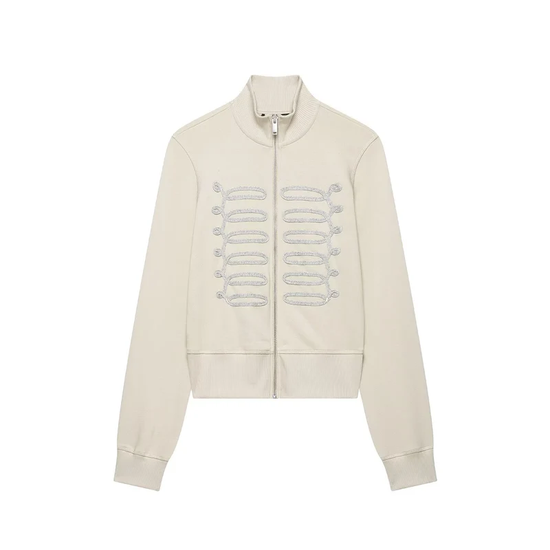 Damen Kurzgeschnittene Sweatjacke mit Stehkragen und militärisch inspirierten Zierkordeln Drune