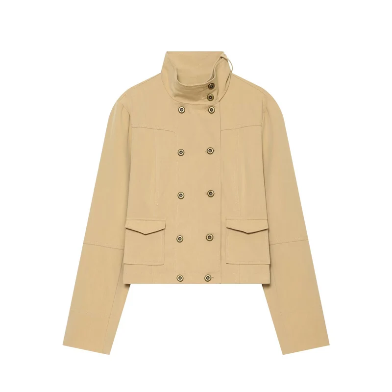 Damen Kurzgeschnittene doppeltreihige Utility-Jacke mit hohem Stehkragen Drune