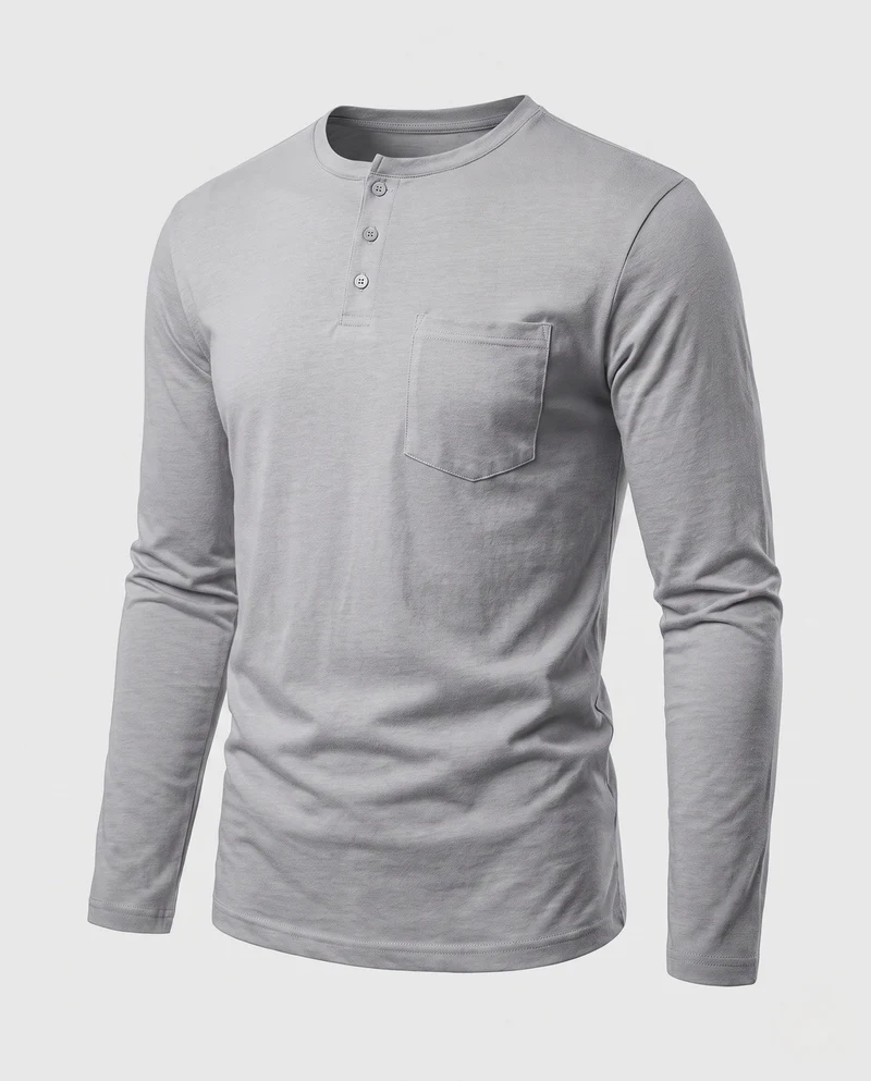 Herren Langarm-Henley-Shirt mit Brusttasche und dezenter Knopfleiste