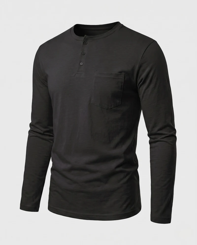Herren Langarm-Henley-Shirt mit Brusttasche und dezenter Knopfleiste