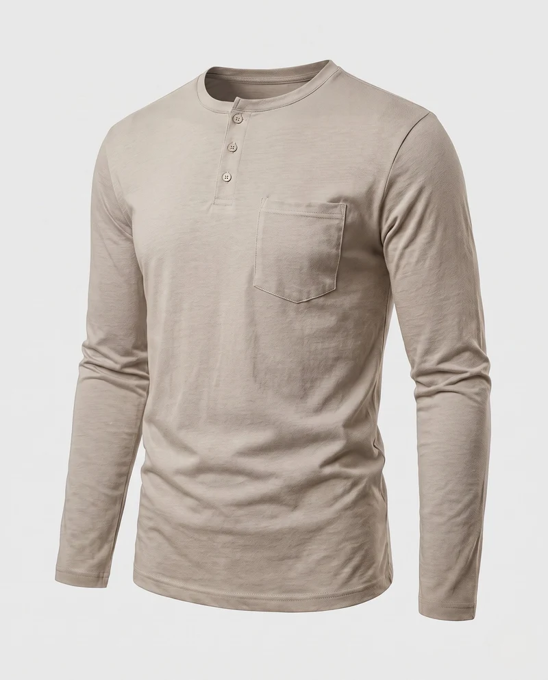 Herren Langarm-Henley-Shirt mit Brusttasche und dezenter Knopfleiste