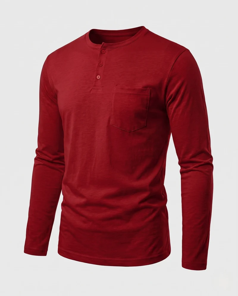 Herren Langarm-Henley-Shirt mit Brusttasche und dezenter Knopfleiste