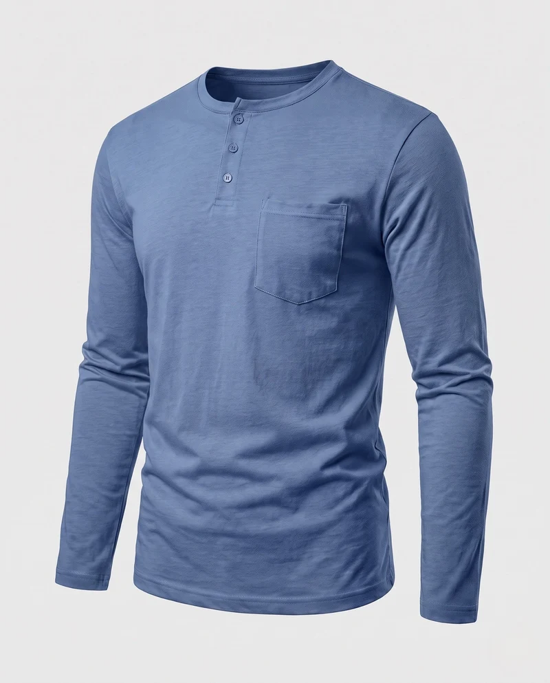 Herren Langarm-Henley-Shirt mit Brusttasche und dezenter Knopfleiste