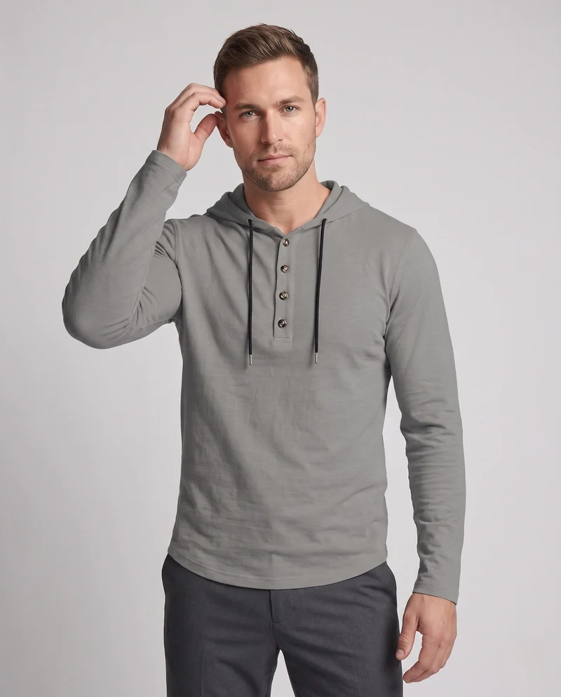 Herren Langarm-Hoodie mit Henley-Knopfleiste und Kordelzug
