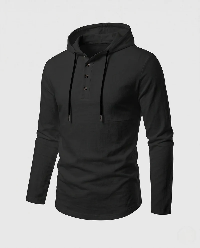 Herren Langarm-Hoodie mit Henley-Knopfleiste und Kordelzug