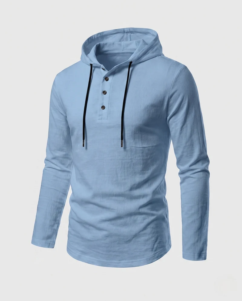 Herren Langarm-Hoodie mit Henley-Knopfleiste und Kordelzug