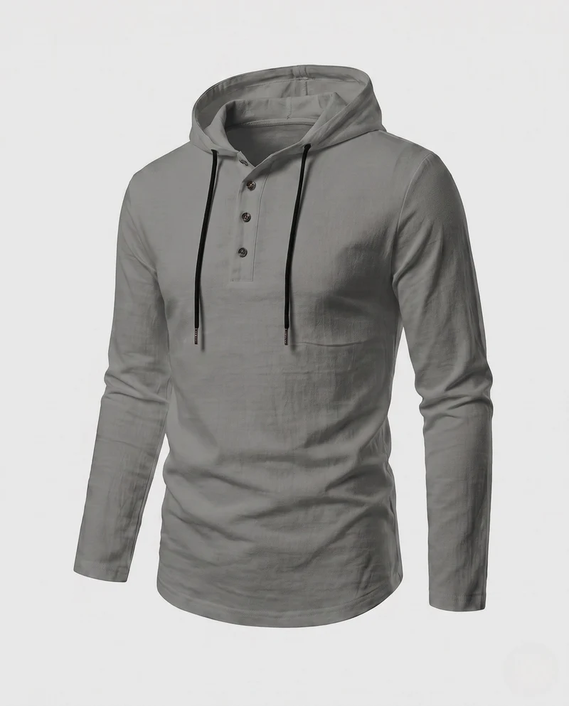 Herren Langarm-Hoodie mit Henley-Knopfleiste und Kordelzug